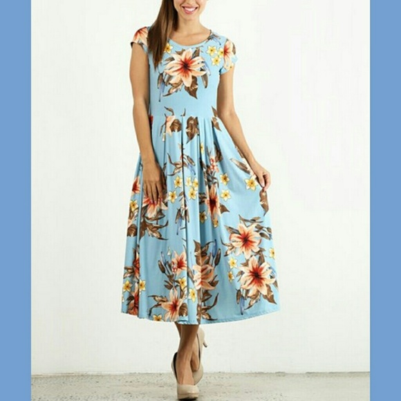 Dresses & Skirts - 💗DUSTY BLUE & PEACH PLEATED-CAP SLEEVE DRESS💗